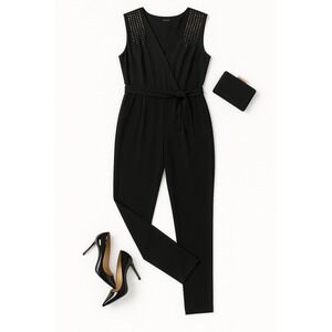 Calvin Klein Black Rhinestone Jumpsuit Sleeveless Belted Women's Party Evening 8